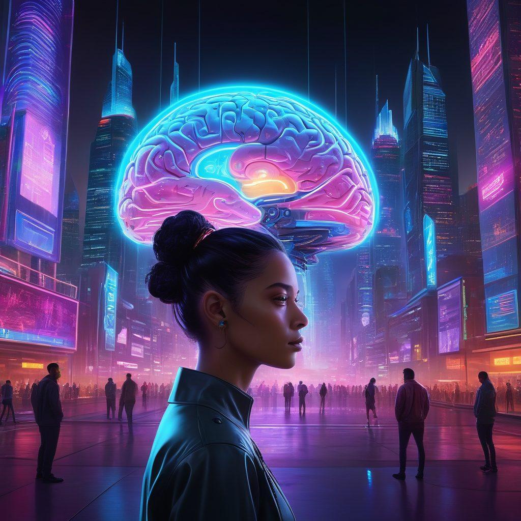 A futuristic city skyline representing innovation, with a digital brain in the foreground symbolizing intelligence, surrounded by holographic test assessments and interactive psychometric tools. Include diverse individuals interacting with the technology, showcasing collaboration and engagement in virtual assessments. The color scheme should be vibrant and dynamic to convey excitement about the future. cyberpunk. vibrant colors. 3D.